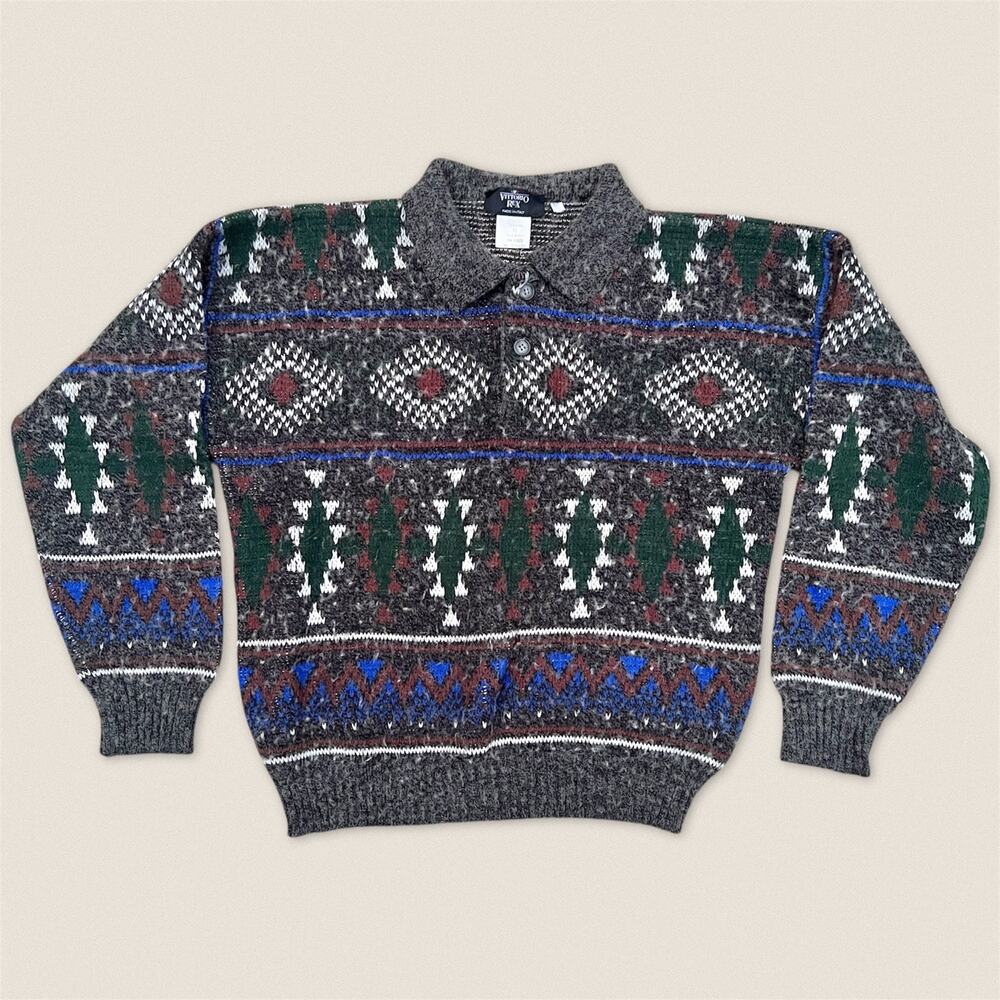 Vintage 90s Italian Diamond Pattern‎ Grandpa Sweater Wool Blend - Size Medium